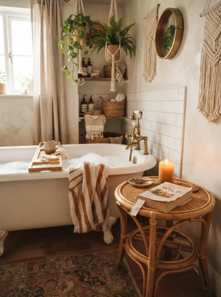 A small rattan side table beside a freestanding tub in a boho bathroom, holding a candle and book, warm bathroom lighting, vertical Pinterest photography, warm side-table styling.