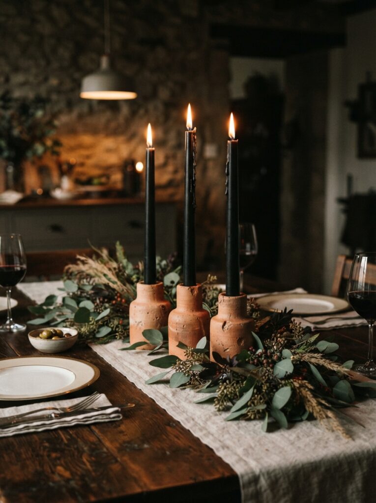 ![Tall black taper candles burning elegantly in raw terracotta ceramic candle holders on a dark wood dining table, moody romantic lighting, vertical Pinterest photography, classic dining centerpiece styling.]
