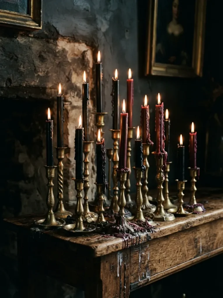 ![A dense, asymmetrical cluster of vintage brass candlesticks holding dripping black and burgundy taper candles on a wooden mantel, dark moody aesthetic, warm candlelight, vertical Pinterest photography, romantic gothic styling.]