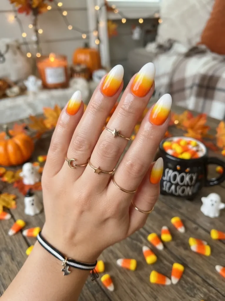![Bright Halloween candy corn manicure with white, yellow, and orange gradient nails, glossy finish, playful seasonal beauty styling, vertical Pinterest photography.]
