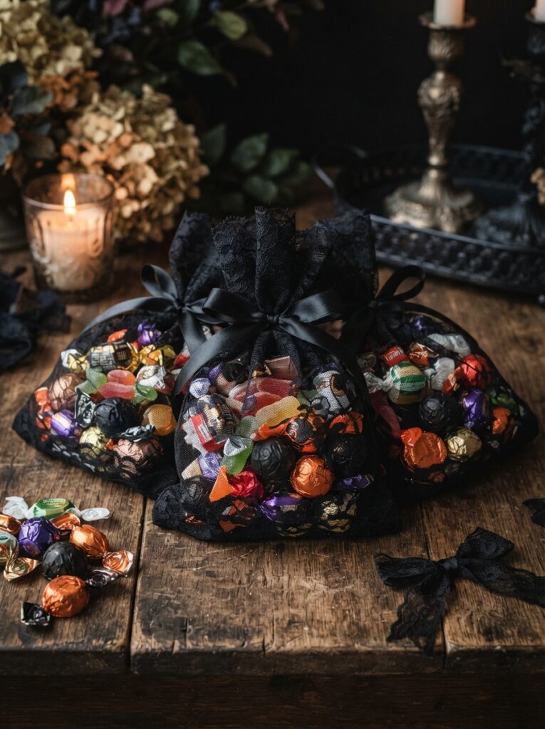 Clusters of candy gathered into bundles using delicate black lace fabric, tied tightly at the top with black satin ribbon, soft romantic lighting, vertical Pinterest photography, gothic lace bundle styling.