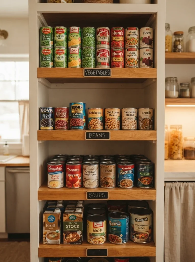 Canned goods grouped by category on a pantry shelf, vegetables, beans, and soups separated, warm kitchen lighting, vertical Pinterest photography, warm categorized styling.