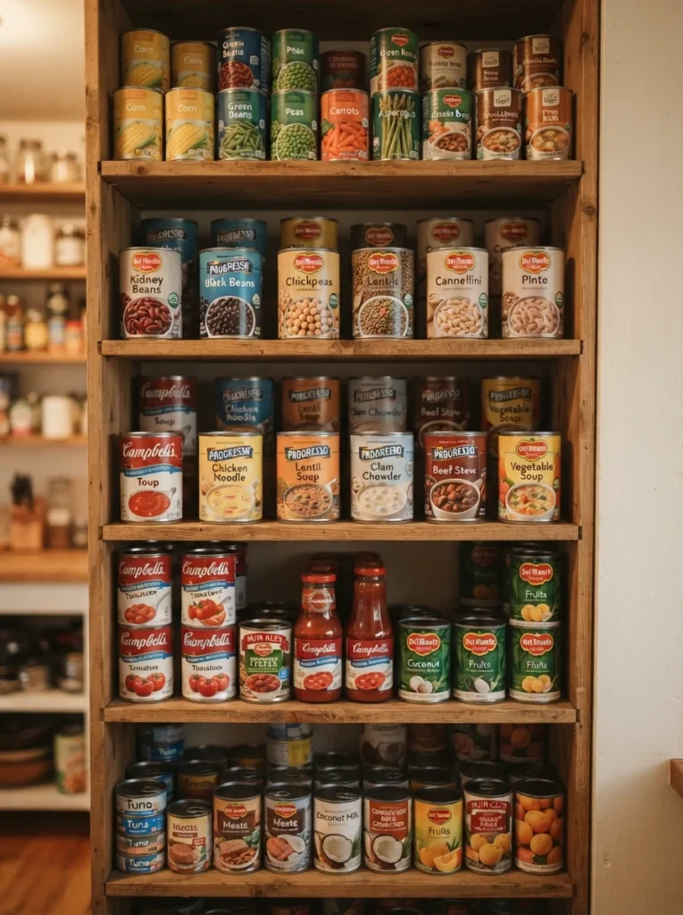 A person checking canned goods during a quarterly pantry inventory review, warm kitchen lighting, vertical Pinterest photography, warm periodic-check styling.