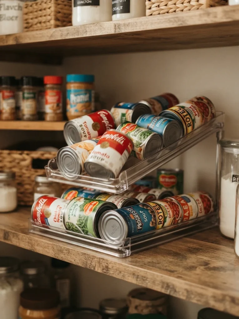 A dented and bulging can being set aside for disposal from a pantry shelf, warm kitchen lighting, vertical Pinterest photography, warm safety-focused styling.