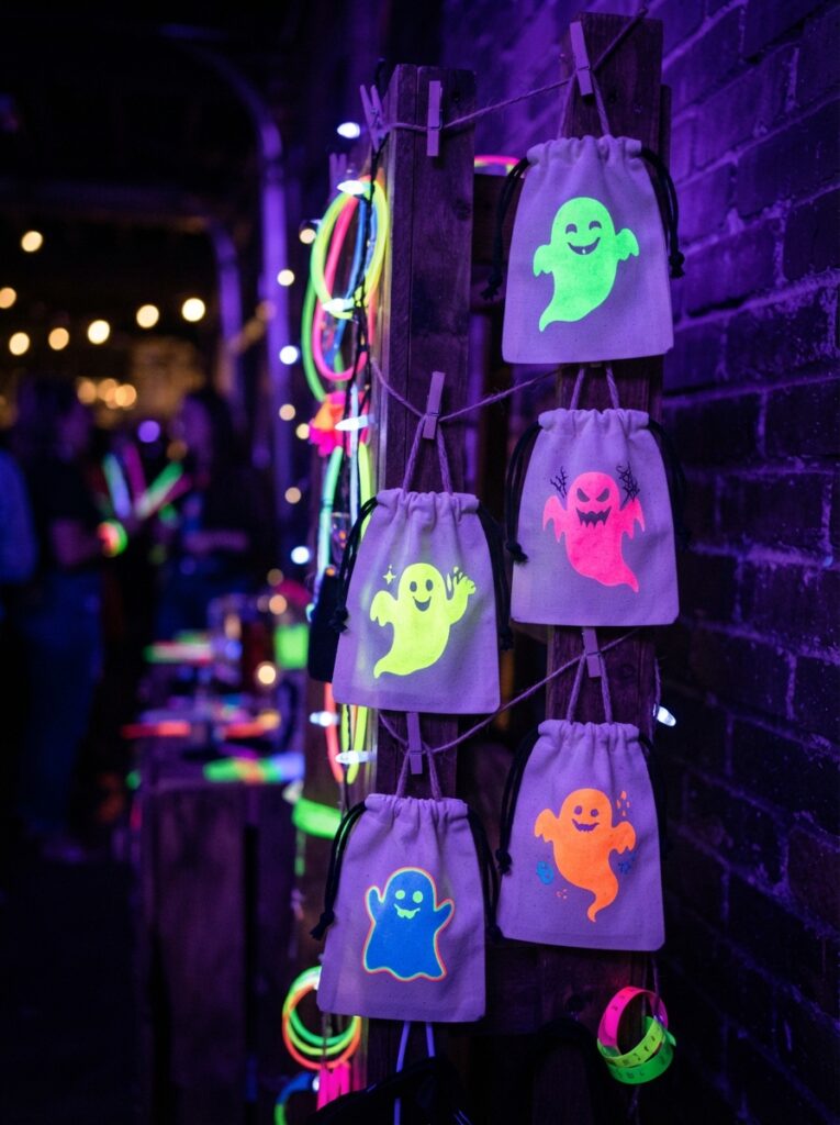 Small white canvas bags that appear plain in daylight but glow intensely with hidden neon ghost silhouettes under a purple UV blacklight, edgy nighttime lighting, vertical Pinterest photography, interactive glowing bag styling.