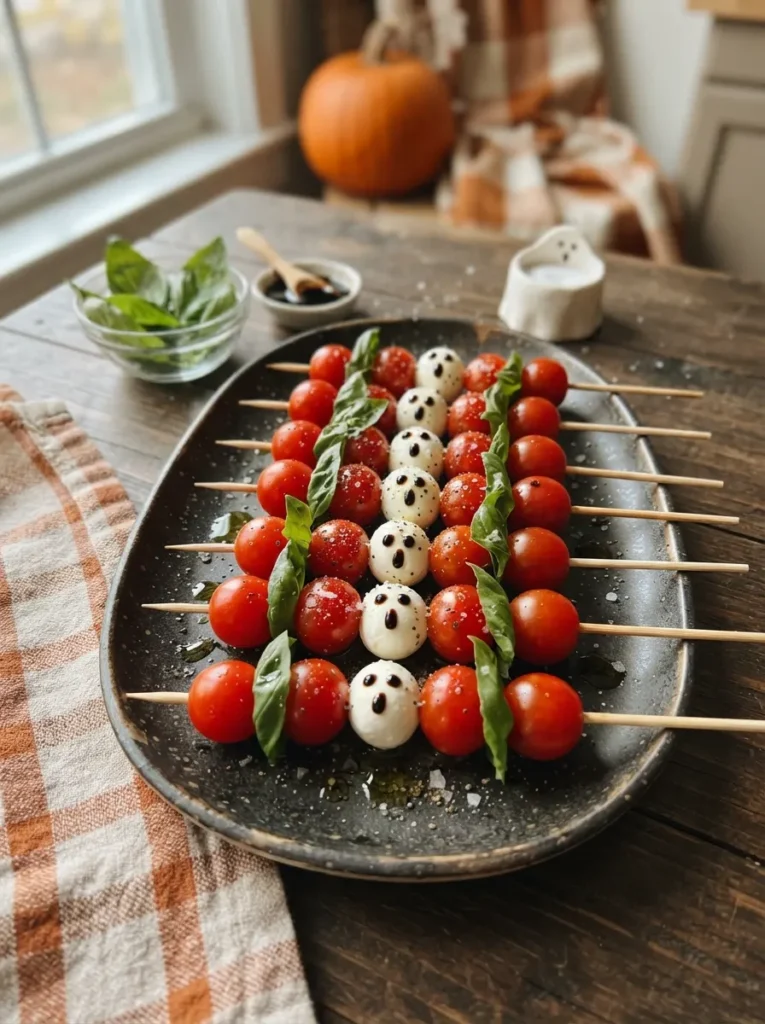 ![Wooden skewers threaded with red cherry tomatoes, fresh basil, and white mozzarella pearls painted with tiny balsamic glaze ghost eyes, drizzled with olive oil, vertical Pinterest photography, fresh elegant Halloween styling.]