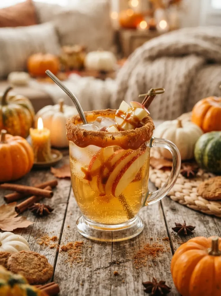 ![A cozy Halloween caramel apple mocktail served in a clear glass with a thick caramel-coated rim covered in fine cinnamon cookie crumbs, sparkling golden apple cider filled with ice, crisp apple slices and caramel drizzle, rustic autumn table with pumpkins, cinnamon sticks and warm candles, inviting fall atmosphere, highly appetizing realistic beverage photography, vertical Pinterest composition, no text.]