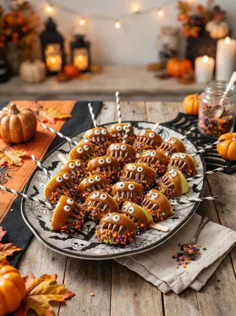 ![Caramel apple monster bites decorated with candy eyes, chocolate teeth, colorful sprinkles, and caramel coating, arranged on a Halloween dessert platter, vertical Pinterest photography.]