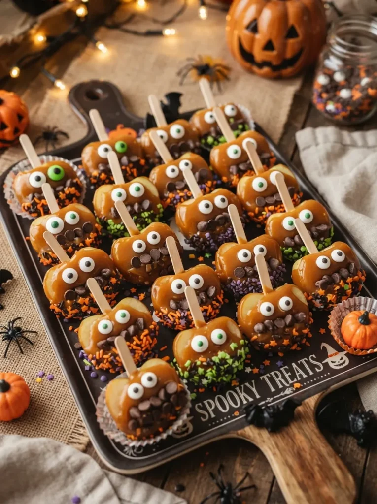 ![Caramel apple monster bites decorated with candy eyes, chocolate teeth, colorful sprinkles, and caramel coating, arranged on a Halloween dessert platter, vertical Pinterest photography.]