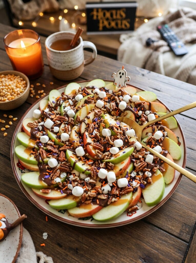 ![A Halloween movie-night snack board with cheese, crackers, grapes, pretzels, olives, apples, candy, nuts, and dipping bowls, arranged on a wooden platter with pumpkins, vertical Pinterest photography.]