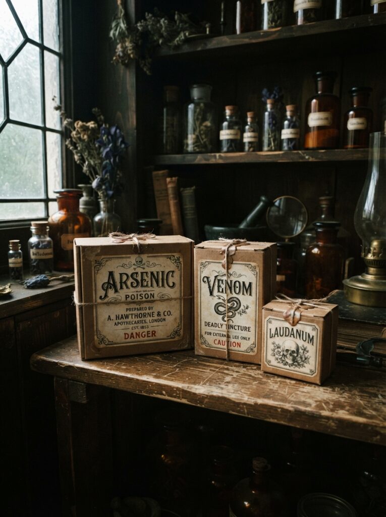 Small brown kraft cardboard boxes detailed with printed vintage Victorian apothecary labels reading 'Arsenic' and 'Venom', dark moody lighting, vertical Pinterest photography, dark academia apothecary styling.