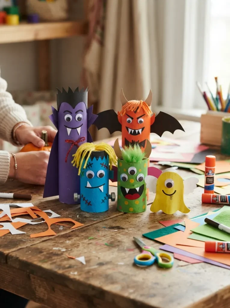 ![A family of colorful cardboard tube Halloween monsters with paper hair, googly eyes, horns, wings, and teeth, made by children on a craft table, vertical Pinterest photography.]