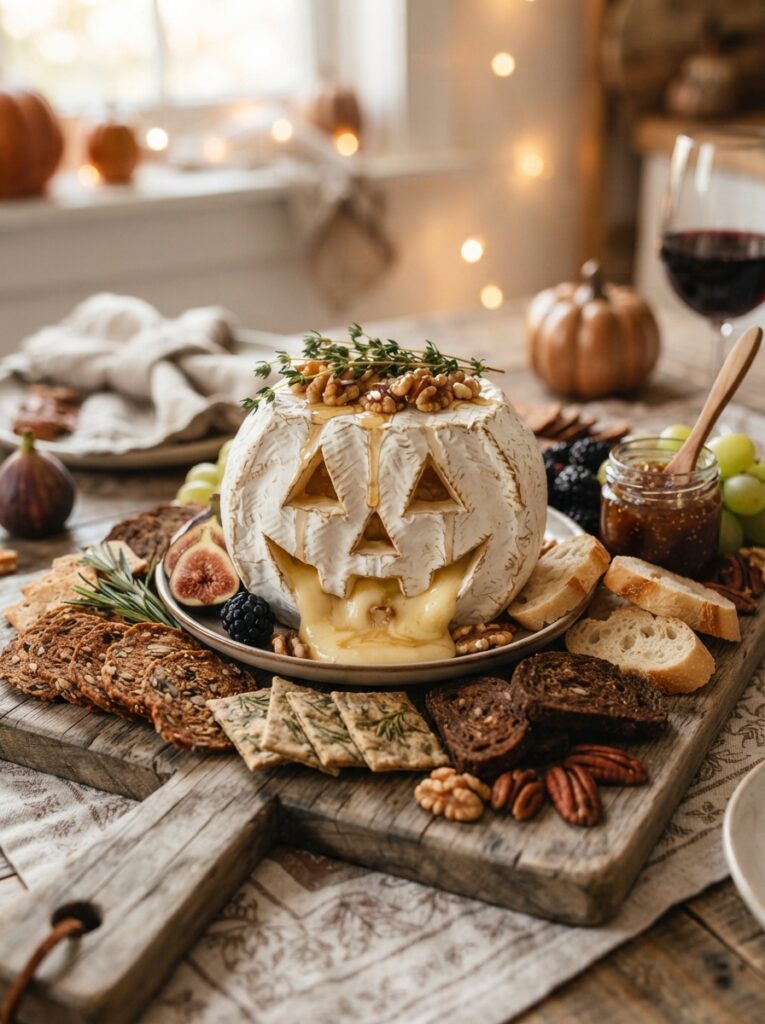 ![A large wheel of baked brie with a jack-o'-lantern face carved into the white rind, gooey cheese oozing slightly from the cutouts, surrounded by artisan crackers, warm lighting, vertical Pinterest photography, carved brie styling.]