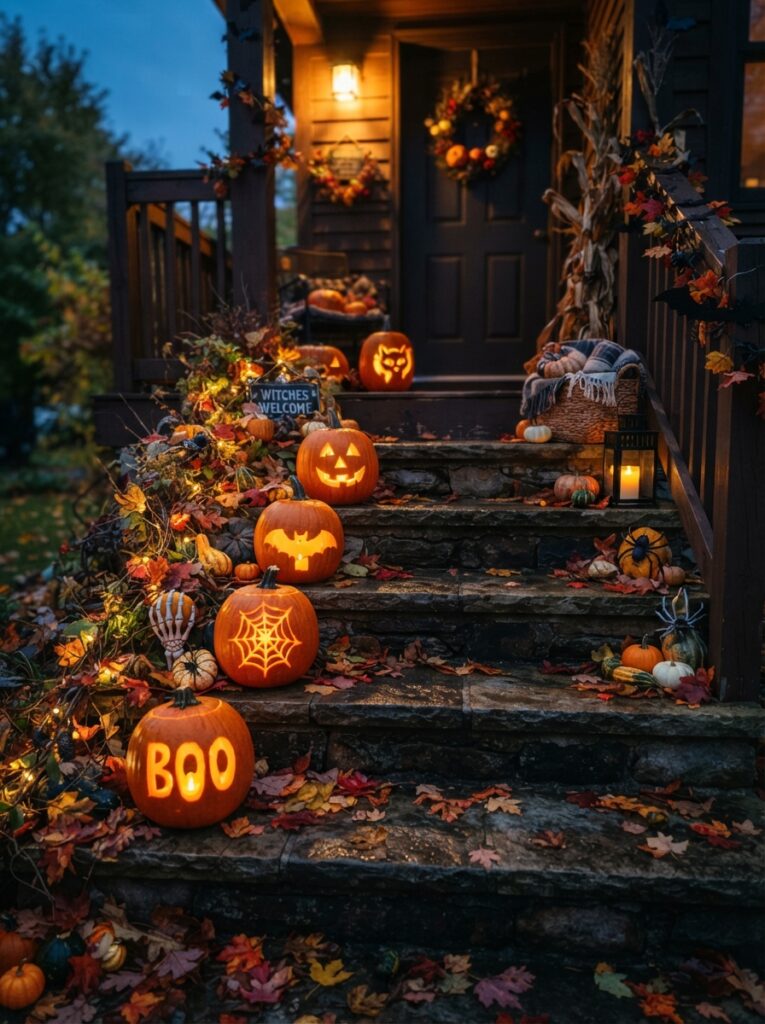 ![Carved pumpkins glowing with warm battery-operated candles on outdoor steps, surrounded by autumn leaves and subtle Halloween decorations, cozy spooky evening lighting, vertical Pinterest photography.]