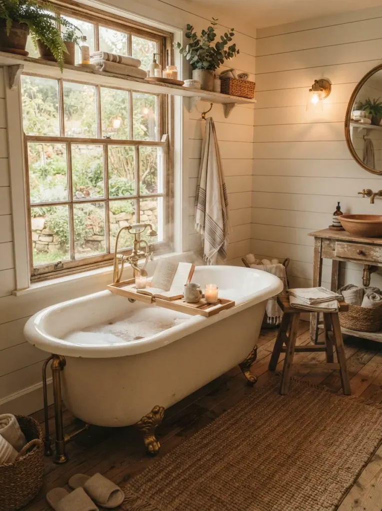 ![A cast iron clawfoot tub as the centerpiece of a farmhouse bathroom, positioned beneath a window, warm bathroom lighting, vertical Pinterest photography, warm clawfoot-tub styling.]