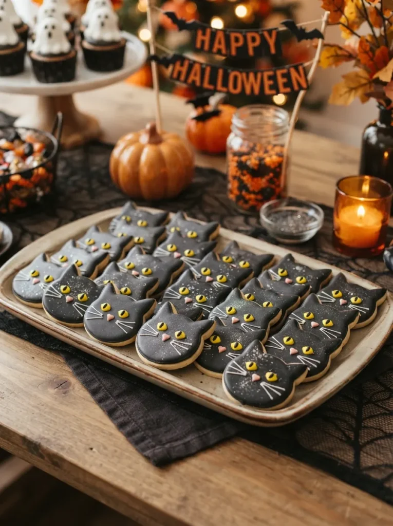 ![Black cat-shaped Halloween sugar cookies decorated with yellow eyes, pink noses, royal icing whiskers, and subtle edible shimmer, festive dessert table, vertical Pinterest photography.]