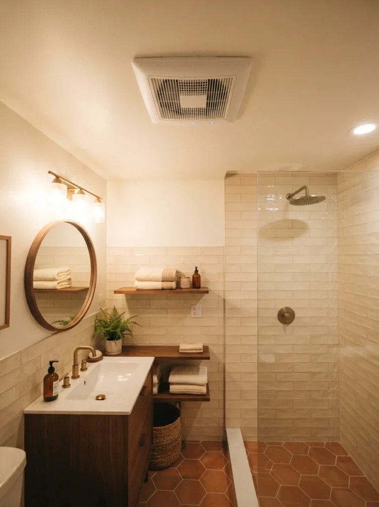 A strong ceiling exhaust fan installed in a small bathroom, protecting the room's finishes from moisture damage, warm bathroom lighting, vertical Pinterest photography, warm exhaust-fan styling.