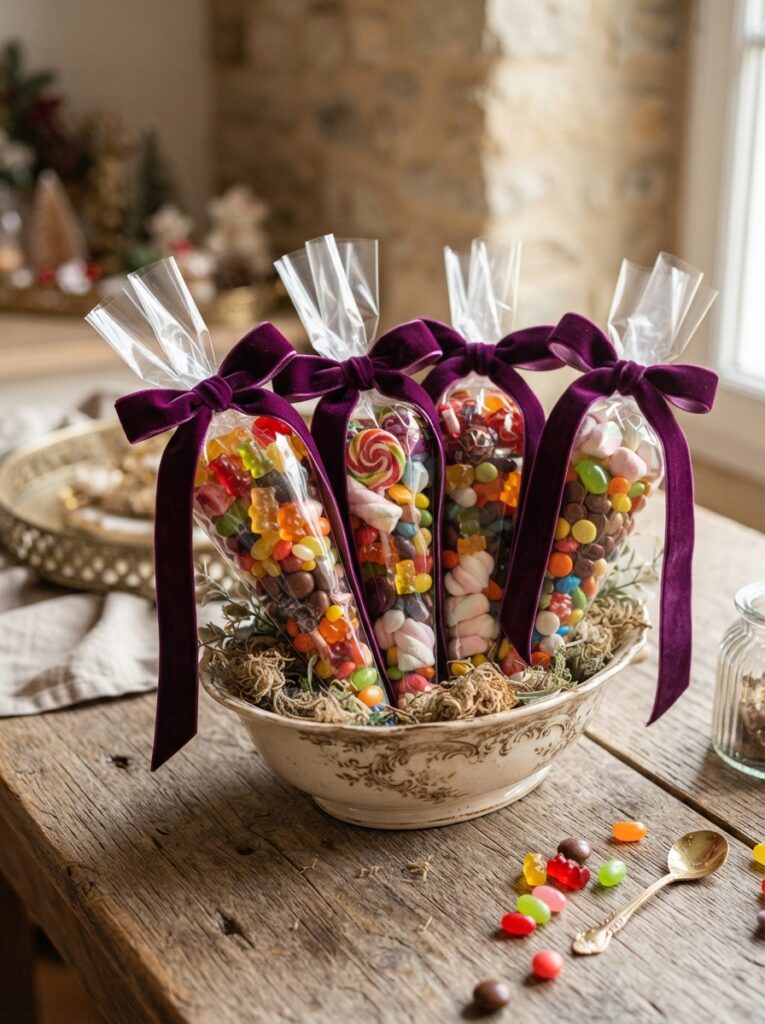 Clear cellophane cones filled with bright candy, tied at the top with thick, trailing bows of luxurious deep purple velvet ribbon, elegant contrast, vertical Pinterest photography, velvet ribbon cone styling.