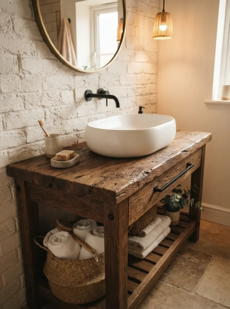 ![A sleek ceramic vessel sink atop a rustic wooden vanity, contrasting smooth and rough textures, warm bathroom lighting, vertical Pinterest photography, warm texture-contrast styling.]