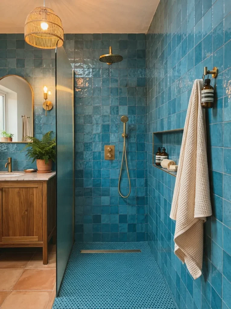 ![Glossy cerulean tile in a bathroom, underwater feel across the walls, warm bathroom lighting, vertical Pinterest photography, warm cerulean-tile styling.]