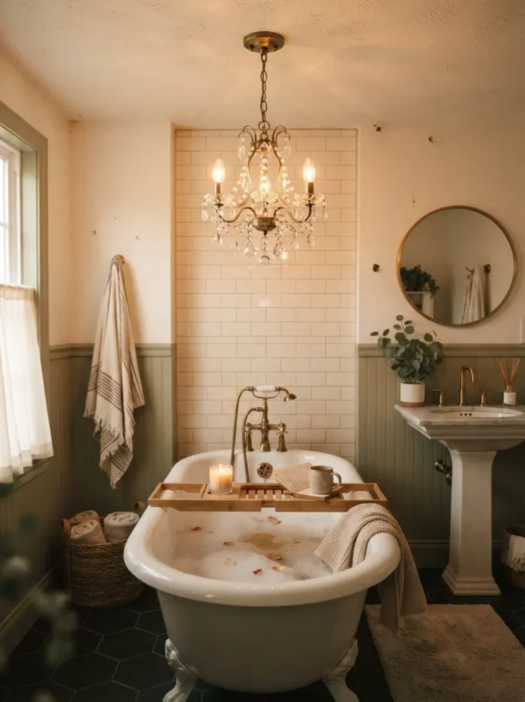 ![A small affordable chandelier installed in a bathroom, adding glamour without a large budget, warm bathroom lighting, vertical Pinterest photography, warm small-chandelier styling.]