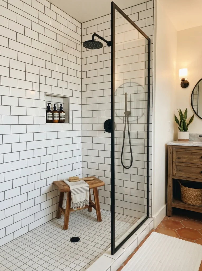 Charcoal grout used with tile in a small bathroom shower, defining the tile pattern without appearing heavy, warm bathroom lighting, vertical Pinterest photography, warm charcoal-grout styling.