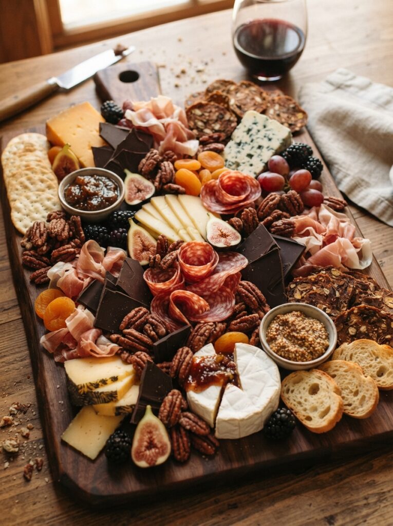 ![A dense charcuterie board featuring broken shards of dark chocolate and candied pecans seamlessly integrated next to sharp cheeses and cured meats, warm ambient lighting, vertical Pinterest photography, dark chocolate savory styling.]