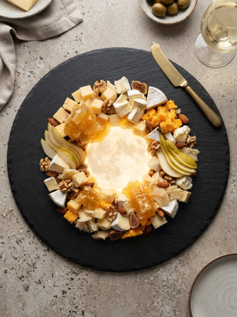 ![A perfectly circular black slate board with a dense, glowing pile of pale yellow cheeses, golden honeycomb, and pear slices concentrated in the center like a full moon, negative space on the edges, vertical Pinterest photography, modern full moon styling.]