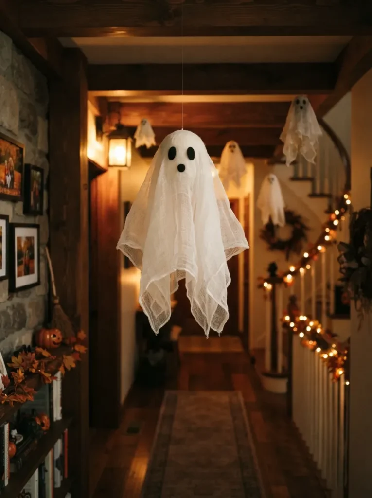 ![A handmade cheesecloth ghost hanging from a ceiling in a cozy hallway, translucent white fabric forming an airy floating ghost shape with simple black eyes, several smaller ghosts fading into the background, warm dim lighting, subtle Halloween decorations, slightly eerie but family-friendly mood, realistic photography, vertical Pinterest composition, no text.]