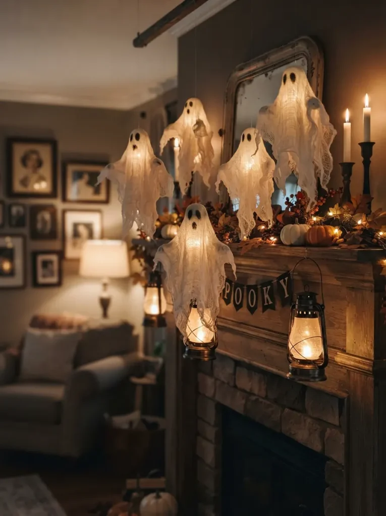 ![Cheesecloth ghosts glowing from within over LED lanterns on a mantel, soft diffused light, vertical Pinterest photography, ethereal-cheesecloth-ghost styling.]