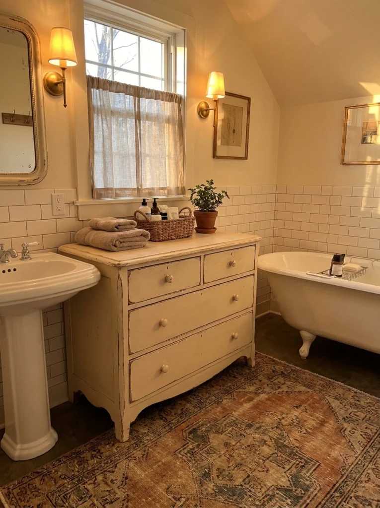 A small freestanding chest of drawers in a rental bathroom, adding storage and character, warm bathroom lighting, vertical Pinterest photography, warm freestanding-furniture styling.