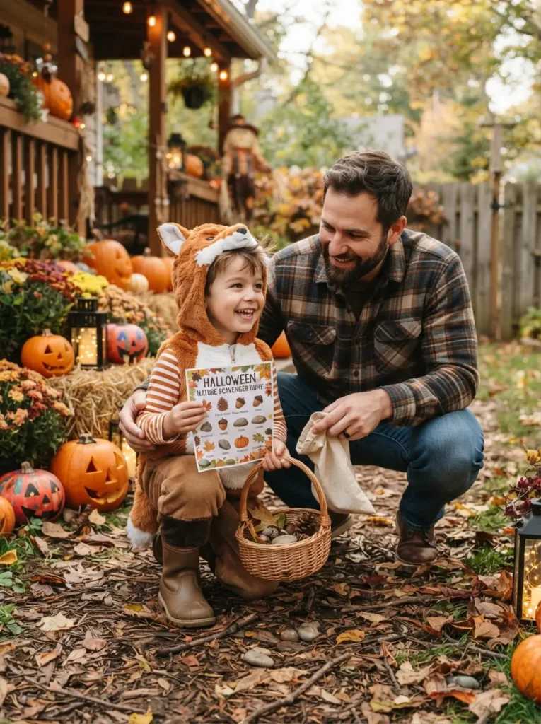 Children completing a Halloween backyard nature scavenger hunt with picture checklists, collecting leaves, pinecones, acorns, and smooth stones near pumpkins and lanterns, vertical Pinterest photography.