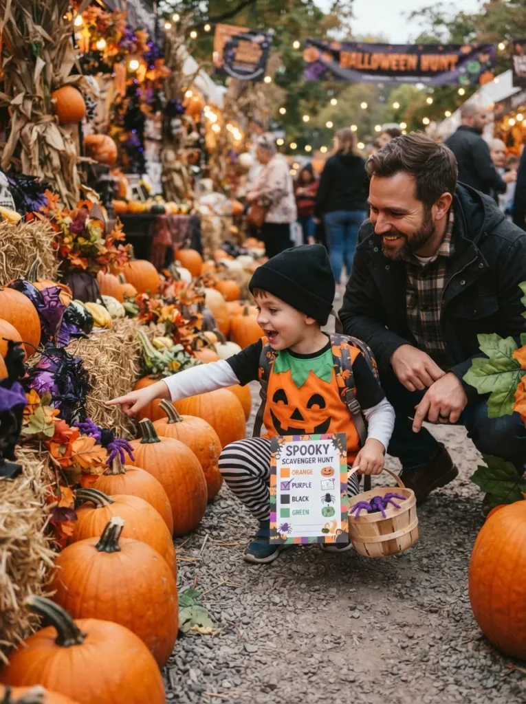 Children participating in a color-coded Halloween scavenger hunt, searching for orange, purple, black, and green objects among pumpkins and seasonal decorations, vertical Pinterest photography.