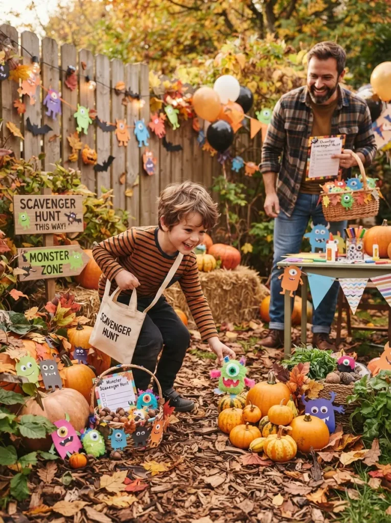 A playful Halloween monster scavenger hunt with children searching for colorful one-eyed monster figures, paper decorations, baskets, pumpkins, and craft supplies, vertical Pinterest photography.