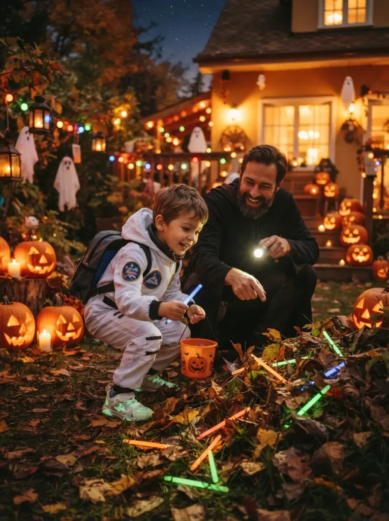 Children searching for colorful glowing sticks during a Halloween family night in a safe backyard, pumpkins, lanterns, costumes, and warm evening lighting, vertical Pinterest photography.