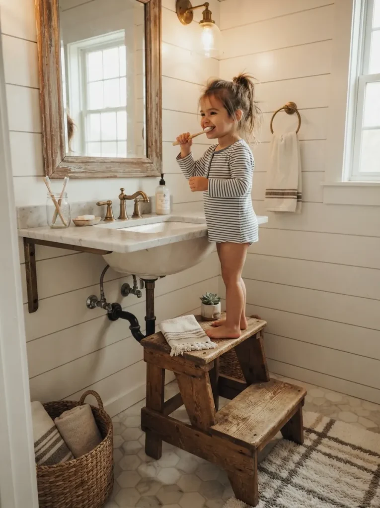 ![A wooden step stool in a family farmhouse bathroom, helping a child reach the sink, warm bathroom lighting, vertical Pinterest photography, warm step-stool styling.]