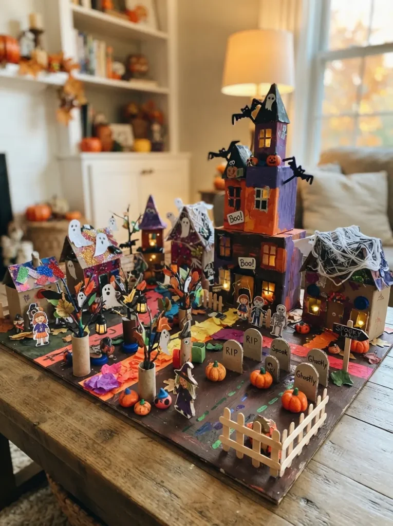 ![A colorful recycled Halloween village made by children from small boxes, cardboard tubes, bottle caps, and paper scraps, featuring haunted houses, pumpkins, graveyards, and spooky trees, vertical Pinterest photography.]
