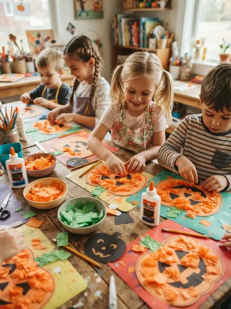 ![Children creating tissue paper pumpkin collages with orange paper pieces, green stems, black jack-o’-lantern faces, and glue on a colorful craft table, vertical Pinterest photography.]