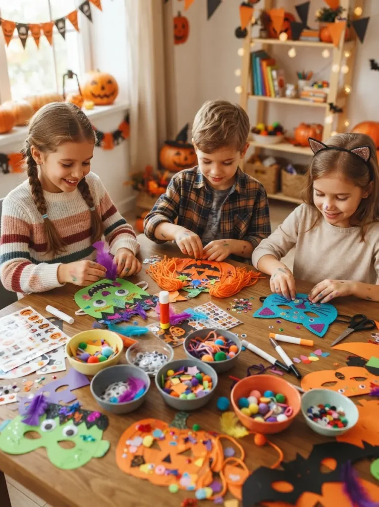 ![Children decorating colorful Halloween masks with paper shapes, feathers, markers, stickers, yarn, and googly eyes, festive craft table, vertical Pinterest photography.]