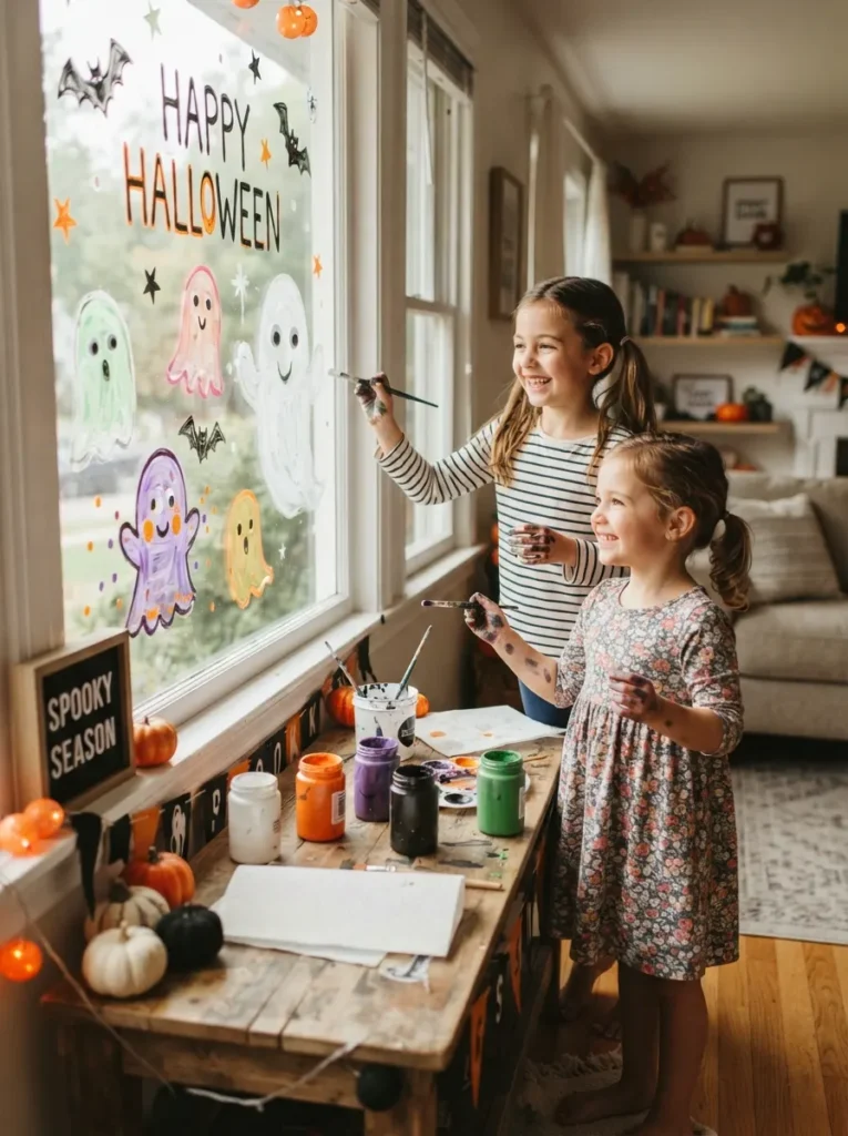 Children creating friendly ghost drawings on a window with washable white and colorful window paint, Halloween decorations, brushes, and a bright craft table, vertical Pinterest photography.