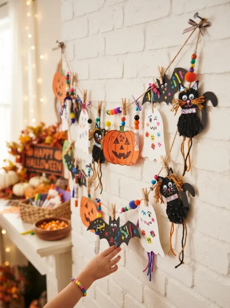 ![Handmade Halloween garland with paper pumpkins, ghosts, bats, and black cats, decorated by children with markers, stickers, yarn, and colorful craft supplies, vertical Pinterest photography.]