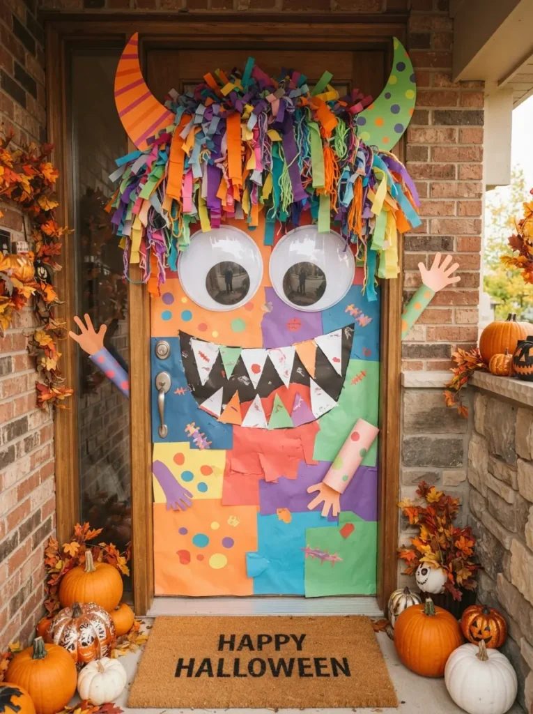 ![Large colorful Halloween monster door decoration made by children with oversized googly eyes, paper teeth, horns, and bright hair, vertical Pinterest photography.]