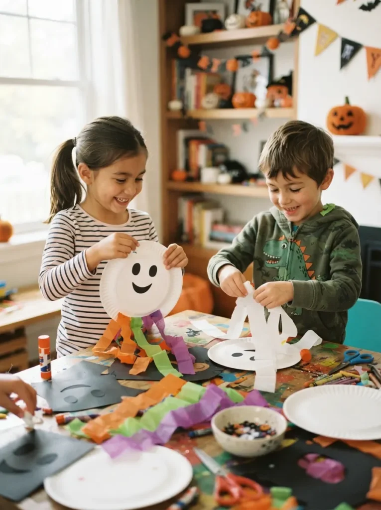 ![Kids making friendly Halloween paper plate ghosts with white plates, black paper faces, tissue paper streamers, and colorful craft supplies, bright afternoon lighting, vertical Pinterest photography.]