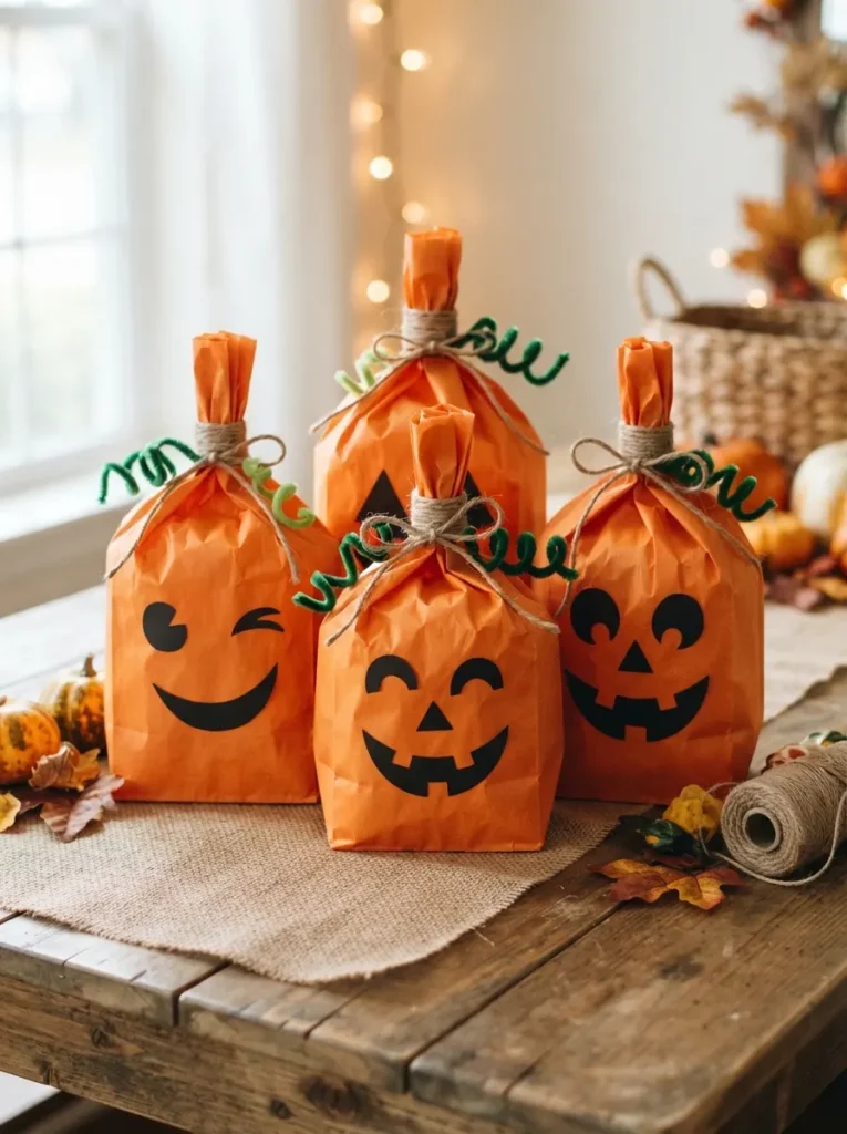 ![DIY Halloween paper bag pumpkins made by children with orange paper bags, black jack-o’-lantern faces, green stems, and tissue paper, vertical Pinterest photography.]