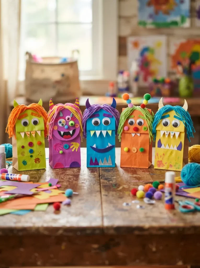 ![Colorful Halloween monster paper bag puppets made by children with googly eyes, paper teeth, horns, yarn hair, and bright craft supplies, vertical Pinterest photography.]