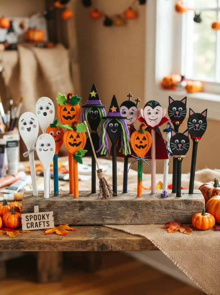 ![Painted wooden spoon Halloween characters including ghosts, pumpkins, witches, vampires, and black cats, made by children with bright craft supplies, vertical Pinterest photography.]