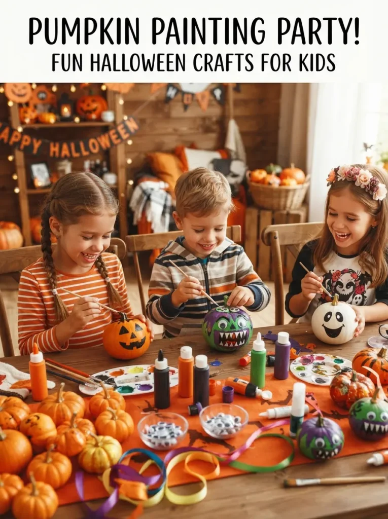 ![Children painting miniature pumpkins with colorful jack-o’-lantern faces, monster designs, googly eyes, paintbrushes, and Halloween craft supplies, vertical Pinterest photography.]