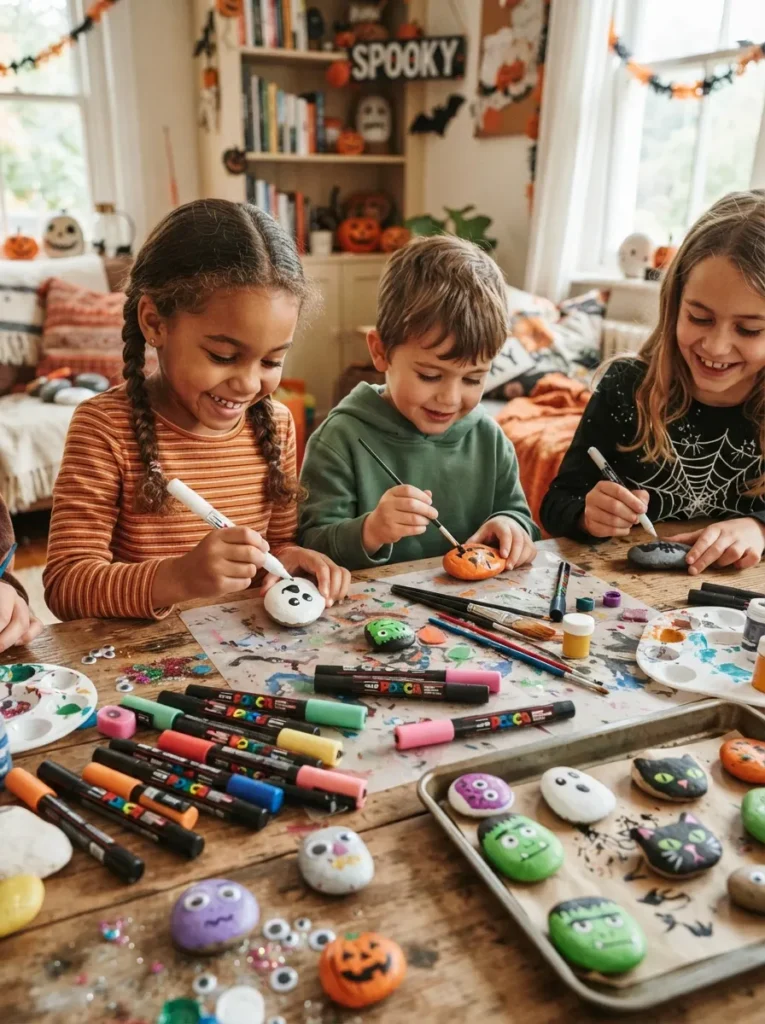 ![Children painting smooth rocks as Halloween monsters, ghosts, pumpkins, and bats with colorful paint pens, brushes, and craft supplies, vertical Pinterest photography.]