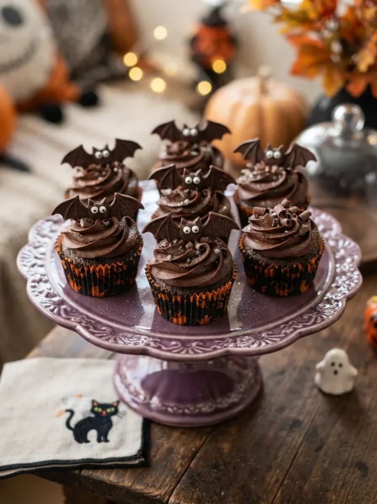 Chocolate Halloween cupcakes decorated with dark frosting and edible chocolate bat toppers, tiny candy eyes, purple cake stand, and subtle shimmer, vertical Pinterest photography.