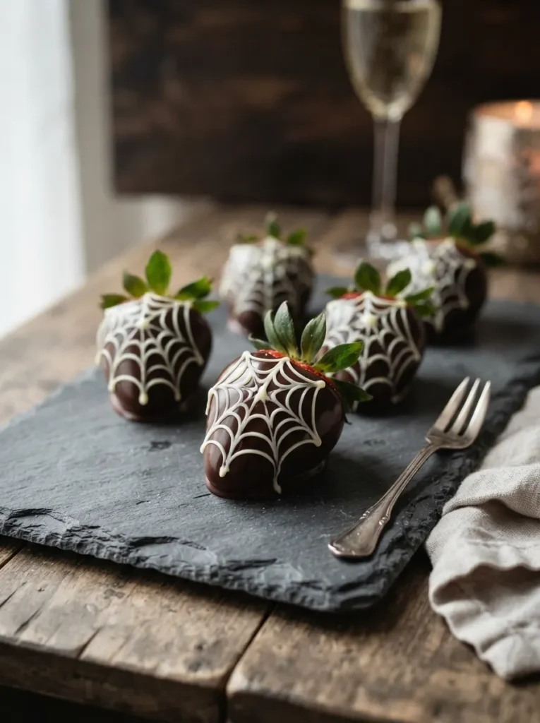 ![Fresh strawberries dipped in glossy dark chocolate, detailed with delicate white chocolate spiderwebs, resting on a piece of dark slate, elegant dessert styling, vertical Pinterest photography, sophisticated sweet bite styling.]